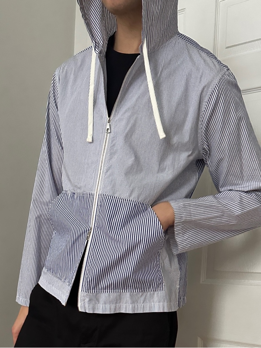 Officine Generale Blue & White Stripe Hooded Shirt Jacket